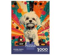Hard Jigsaw Puzzle for Adults 1000 Pieces Groovy Maltese Retro Dog Art Print Retro Dog on Vinyl Puzzles for Adults DIY Toys Improve Memory Birthday Present, Gifts, 38x26cm/1000pcs