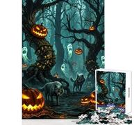 Hard Jigsaw Puzzle for Adults 1000 Pieces Halloween Forest with Pumpkins And Wolves Impossible Game Learning Educational Toy Wall Decor Fun at Home Activities, (38x26cm)