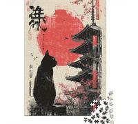 Hard Jigsaw Puzzle for Adults 1000 Pieces Japanese Black Cat Art Print Puzzles for Adults Toy Wall Decor Stress Reliever Birthday Present, Gifts, 70x50cm/1000pcs