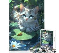 Hard Jigsaw Puzzle for Adults 1000 Pieces Kitten And Frog on Lily Pad Puzzles for Teenagers Staycation Kill Time Fun Activities at Home Challenging Game Gifts (50x75cm)