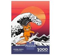 Hard Jigsaw Puzzle for Adults 1000 Pieces Orange Cat Surfing Giant Wave Puzzles for Adults Toy Wall Decor Stress Reliever Birthday Present, Gifts, 38x26cm/1000pcs