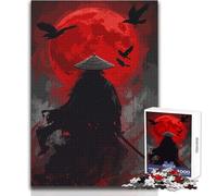 Hard Jigsaw Puzzle for Adults 1000 Pieces Painting Art of Samurai with Crows And Red Moon Soothing Quiet Time Enjoyment Strict Precision Standard Play Toy Size 38x52cm