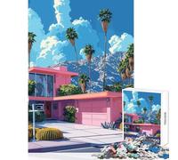 Hard Jigsaw Puzzle for Adults 1000 Pieces Pink House Palm Springs Style Toy Wall Decor Art Work Gift Practical Game Artists' Collection, Fine Arts Size 38x26cm