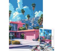 Hard Jigsaw Puzzle for Adults 1000 Pieces Pink House Palm Springs Style Toy Wall Decor Art Work Gift Practical Game Artists' Collection, Fine Arts Size 50x75cm