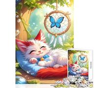 Hard Jigsaw Puzzle for Adults 1000 Pieces Sleeping Kitten with Dreamcatcher Toy Wall Decor Art Work Gift Practical Game Artists' Collection, Fine Arts Size 38x52cm