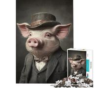 Hard Jigsaw Puzzle for Adults 1000 Pieces Stylish Pig in Top Hat Adult Jigsaw Puzzle Relaxing Games Enhance Memory Challenging To Complete (Size 38x52cm)