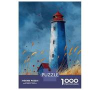 Hard Jigsaw Puzzle for Adults 1000 Pieces Watercolor Lighthouse Art Blue Lighthouse with Grasses Calm Coastal Print Adult Puzzles Relax Games Enhance Memory Great Gift for Gaming 38x26cm/1000pcs