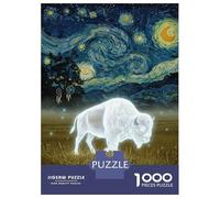 Hard Jigsaw Puzzle for Adults 1000 Pieces White Buffalo in Starry Night Style Jigsaw Puzzle Anti-Stress Toys Precision Cutting Great Gift for Gaming 52x38cm/1000pcs