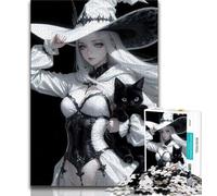 Hard Jigsaw Puzzle for Adults 1000 Pieces White Witch with Black Cat Challenging Game Toys Pattern Assembly Art Work Gift (size 50x75cm)