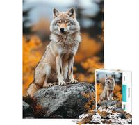 Hard Jigsaw Puzzle for Adults 1000 Pieces Wolf Portrait on Rock in Autumn for Birthday, Chrismas Perfect Decoration Educational Game Suitable for Ages 14 And Up (38x52cm)