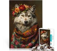 Hard Jigsaw Puzzle for Adults 1000 Pieces Wolf with Flowers Made of wood，for age 14+ Work of art Secret Santa Gifts。size：50x75cm/14.96x20.47inch