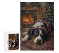 Hard Jigsaw Puzzle for Adults 300 PCS Bernese Mountain Dog Sleeping by Christmas Fireplace Puzzle for Adults Relax Games Difficult Challenge Challenging To Complete 300 PCS