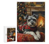 Hard Jigsaw Puzzle for Adults 300 PCS Schnauzer in Christmas Sweater by Fireplace Cozy Christmas Dog Art Puzzle for Adults Relax Games Difficult Challenge Challenging To Complete 300 PCS