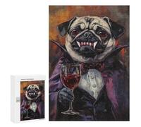 Hard Jigsaw Puzzle for Adults 300 PCS Vampire Pug with Wine Glass-4 Puzzles for Teenagers But Fun And Humorous Challenging To Complete Stress Reduction Gifts 300 PCS