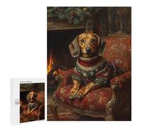 Hard Jigsaw Puzzle for Adults 500 PCS Dachshund in Christmas Sweater by Fireplace Cozy Holiday Dog Wall Art Puzzle for Adults Relax Games Difficult Challenge Challenging To Complete 500 PCS