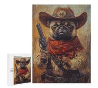 Hard Jigsaw Puzzle for Adults 500 PCS Western Pug Cowboy Art Print-1 Puzzles for Teenagers But Fun And Humorous Challenging To Complete Stress Reduction Gifts 500 PCS