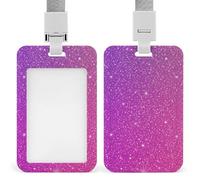 Hard Plastic Badge Holder with Adjustable Detachable Lanyard, Beautiful Purple Bling Glitter Sparkles Pattern Card Protector Cover ID Badge Holders for Teacher Office Worker, Slide Open