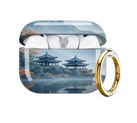 Hard Protective Case for AirPod Pro 3, Shockproof Durable Shell with Keychain, Cute Stylish Design(Mountain Lake Pavilion Cherry Blossom Mist)