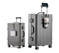 Hard Shell Carry On Luggage with Aluminum Frame, Suitcase with Cup Holder and USB Port, Zipperless Luggage for Business Travel, Grey, Carry on 20inch, Carry on Luggage With Spinner Wheels and Cup