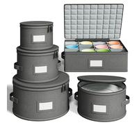 Hard Shell China Storage Containers - 5 Piece Set for Storing Dinner Plates, Salad Plates, Mugs, Quilted Dividers for Safe Moving and Seasonal Storage, Grey