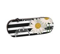 Hard Shell Pencil Bag Stationery Organizer Pouch Leather Pencil Pen Case & Makeup Bag,Daisy Flower Musical Note Stripe Pattern