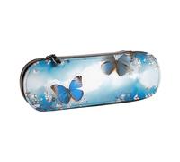 Hard Shell PU Leather Pencil Case, Blue Butterflies White Flowers Prints Pencil Box Waterproof Pen Organizer for School, Travel, Cosmetics & Gifts