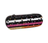 Hard Shell PU Leather Pencil Case, Glitter Rainbow Polka Dot Stripe Black and White 3 Prints Pencil Box Waterproof Pen Organizer for School, Travel, Cosmetics & Gifts