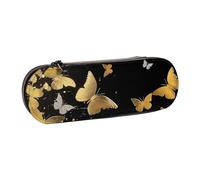 Hard Shell PU Leather Pencil Case, Gold White Butterflies Black Prints Pencil Box Waterproof Pen Organizer for School, Travel, Cosmetics & Gifts