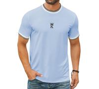 Hardaddy Men's Casual Letter Graphic Print Striped Trim Tee Tops Summer Short Sleeve Round Neck T-Shirt, Light Blue, 3XL