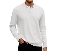 Hardaddy Men's Knit Polo Shirts Long Sleeve Button Up Pullover Sweater Textured Casual Collared Tops, White, XXL