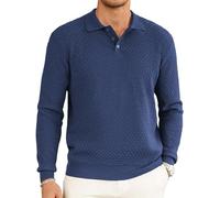 Hardaddy Men's Knit Polo Shirts Long Sleeve Button Up Pullover Sweater Textured Casual Collared Tops, Purplish Blue, XL