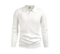 Hardaddy Men's Ribbed Knit Sweater Casual Long Sleeve Polo Sweater Collared V Neck Polo Shirts Solid Pullover Tops, White, Medium