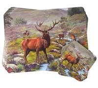 Hardback Wood & Cork Laminated 4 Placemats & 4 Matching Coasters - Highland Stag