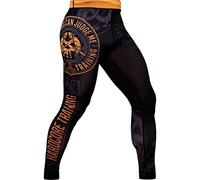 Hardcore Training Men's Compression Pants Workout Tights Leggings Base Layer Boxing Running Muay Thai MMA No Gi BJJ, Black Orange, Large