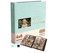 Hardcover Baby Photo Album 6x4 with 600 Pockets - Baby Memory Book Keepsake | My First Year - Large Photo Album Slip in with Personalised Cover Window - Leather Photo Album - Baby Showers & Newborn Gifts