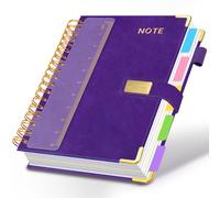 Hardcover Spiral Notebook 8.5''x 11'' College Ruled Notebook with Magnetic Closure, 300 Pages 5 Subject Notebooks with Pocket Dividers for Work School, A4 Leather Journal for Women, Men (Purple)