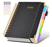 Hardcover Spiral Notebook journal with Removable Dividers Tabs, 300 Pages Leather 5 Subject Notebook College Ruled, 100GMS A5 Notebooks for Work School Note taking,Lined Journal for Women,A5-Black