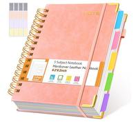 Hardcover Spiral Notebook with Removable Dividers Tabs, 300 pages Leather 5 Subject Notebook College Ruled, 6.2" x 8.2" Journal for Women Men, Small Notebooks for Work School Note taking,A5 Pink