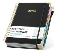 Hardcover Spiral Notebooks 8.5" X 11" Note Taking 5 Subject Notebook College Ruled with Dividers 240 Pages 100GSM Aesthetic Spiral Notebook for Work School Cute Journals for Women Writing, Black