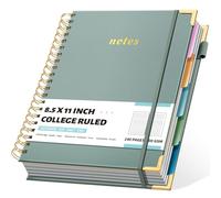 Hardcover Spiral Notebooks 8.5" X 11" Note Taking 5 Subject Notebook College Ruled with Dividers 240 Pages 100GSM Aesthetic Spiral Notebook for Work School Cute Journals for Women Writing, Green