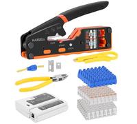 HARDELL RJ45 Crimp Tool, Pass Thru RJ11 Ethernet Crimper for Cat5 Cat6 Connectors, All-in-One 6P 8P Ethernet Crimping Tool Kit with Wiring Diagram, Replacement Blades, Cable Sheath, Tester & Battery