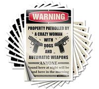 Hardhat Stickers and Decals Warning Property Patrolled By A Crazy Bitch with Dogs and Automatic Weapons Funny Sticker 10 Pcs Tool Decal Decals for Cars(12X18CM)