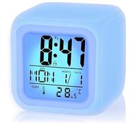 hardinox Digital Alarm Clock Snooze Temperature Calendar Display with 7 Color Night Light, Easy to Set Travel Alarm Clock, Battery Operated, Gift for Boys and Girls