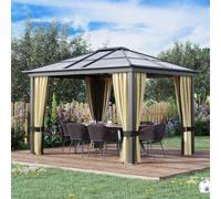 Outsunny 3 x 3.6m Hardtop Gazebo Canopy with Mosquito Netting and Curtains - Brown - Aluminum Frame, Polyester Cloth - 360cm x 295cm x 265cm