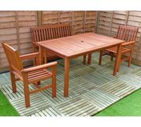 Hardwood 4 Seat Garden Dining Set With 2 Armchairs, 2 Seater Bench And Large Rectangular Table - Easy, Quick Assembly