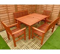 Hardwood 6 Seat Garden Dining Set With 2 Armchairs, Two X 2 Seater Benches And Large Rectangular Table - Easy, Quick Assembly