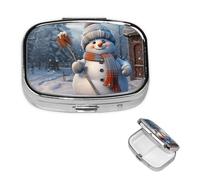 Hardworking Snowman Pill Box 2 Compartment Square Portable Pill Case for Pocket or Purse Small Weekly Medicine Planner Travel Pillbox with Mirror Decorative Metal Vitamin Holder Gifts