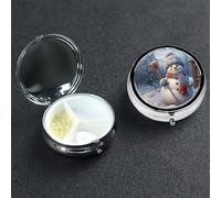 Hardworking Snowman Pill Box 3 Compartment Round Portable Pill Case for Pocket or Purse Small Weekly Medicine Planner Travel Pillbox with Mirror Decorative Metal Vitamin Holder Gifts