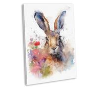 Hare Floral Wall Art Canvas Print - Framed Watercolour Nature Painting - Wildlife Animal Theme Home Decor Painting (40x25cm / 16x10inch)