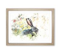 Hare In The Bushes Watercolour Modern Framed Print | A4 Oak Framed Wall Art | Ready to Hang | Modern Animal Picture | Living Room Bedroom Lounge Office